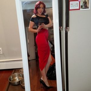 Red high slit skirt